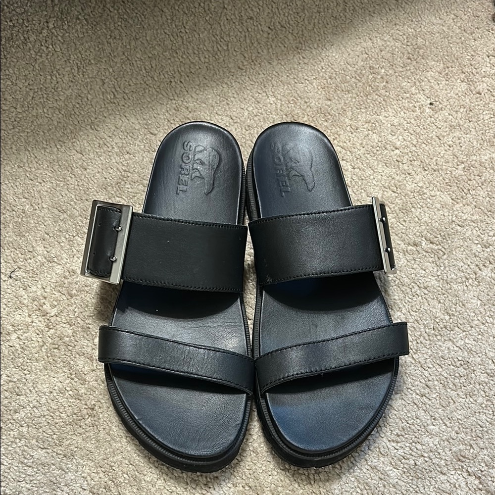 SOREL Black Slide Sandals with Buckle